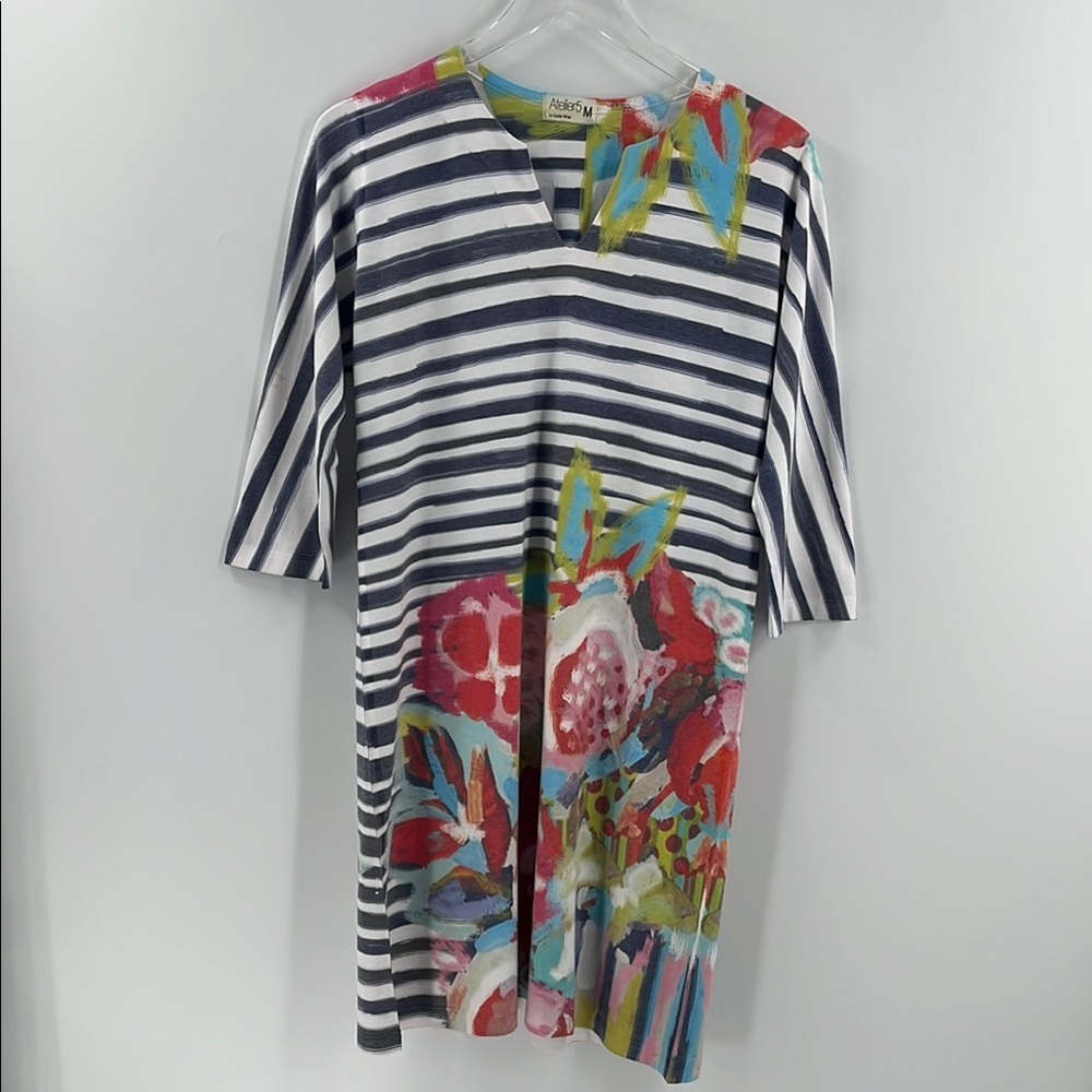 Atelier 5 Gozde Yilmaz Dress Tropical Floral Striped Floral Dress 3/4 Sleeves M